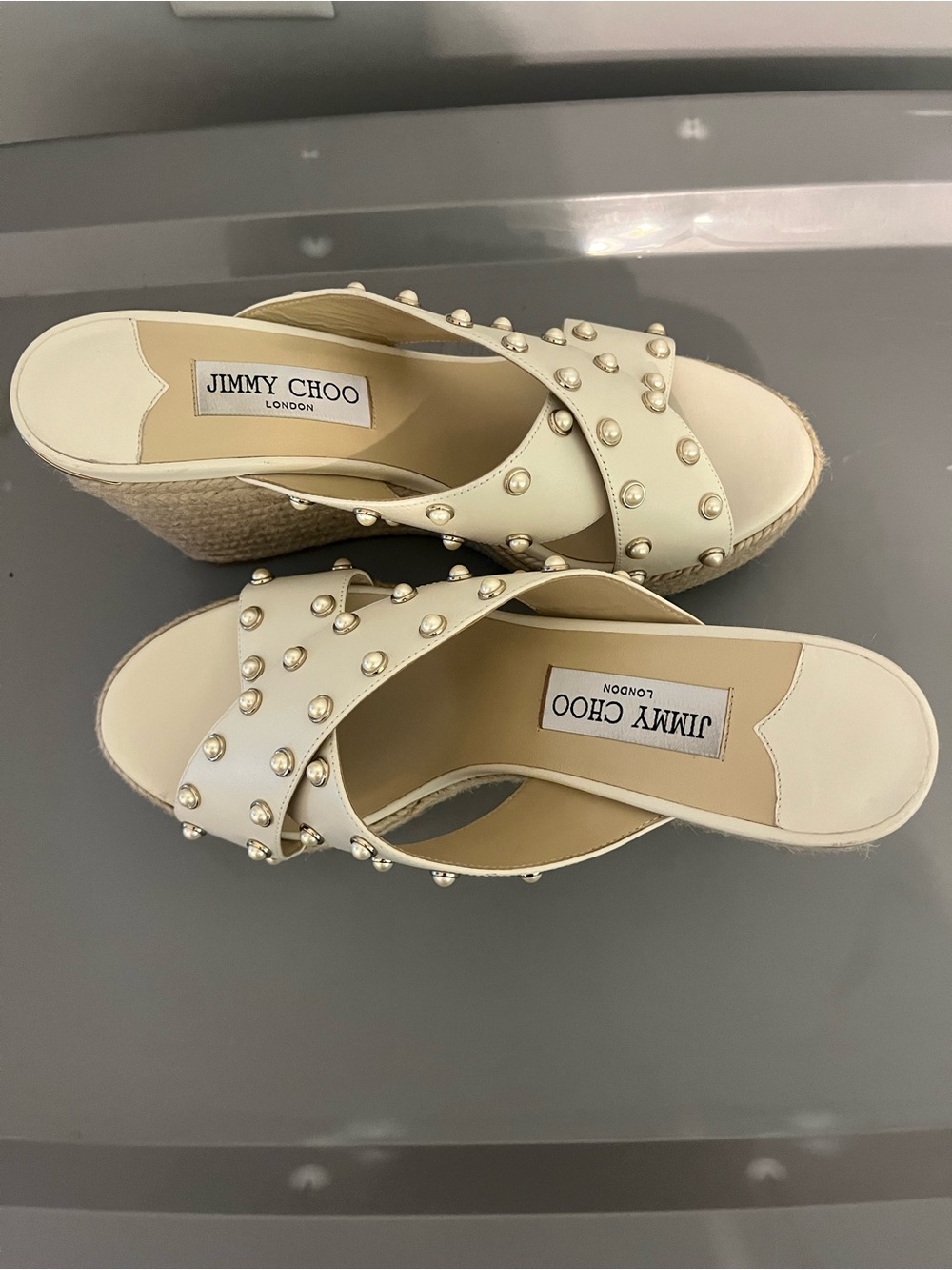 Jimmy Choo Ivory Pearl-Stud Espadrille Wedge Slides